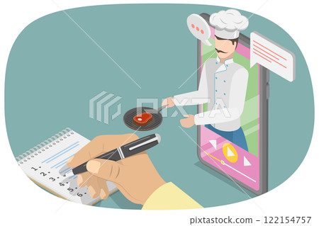 3D Isometric Flat  Illustration of Recipe Book App, Online Cooking Instructions from Chef 122154757