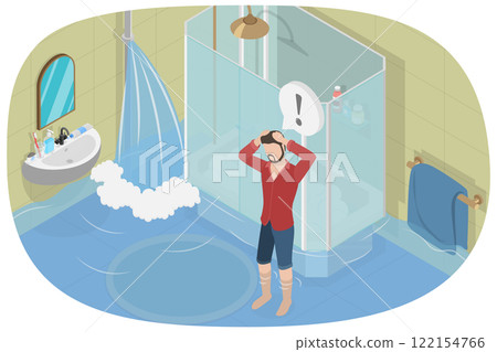 3D Isometric Flat Illustration of Bathroom Flood, Accident and Disaster at Home 3D Isometric Flat Illustration of Bathroom Flood, Accident and Disaster at Home 122154766