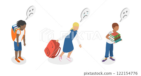 3D Isometric Flat  Illustration of Exhausted Schoolchildren, Tired Students Struggling with Academic Demands 122154776