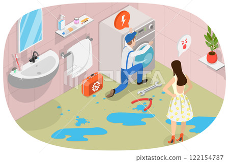 3D Isometric Flat Illustration of Plumbing Repair Service, Faucet or Water Leakage Problems 3D Isometric Flat Illustration of Plumbing Repair Service, Faucet or Water Leakage Problems 122154787