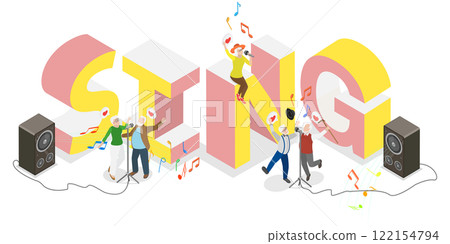 3D Isometric Flat Illustration of Karaoke Party, Elderly Group Engages in Music and Dance Performance 3D Isometric Flat Illustration of Karaoke Party, Elderly Group Engages in Music and Dance Performance 122154794