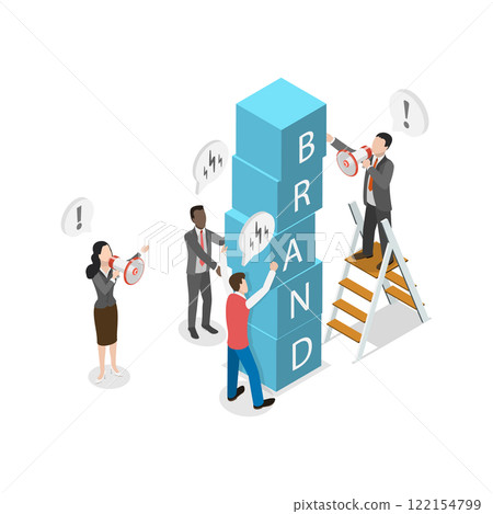 3D Isometric Flat  Illustration of Brand Building, Enhancing Brand Presence and Reputation with Effective Marketing Strategy for Business Growth 122154799