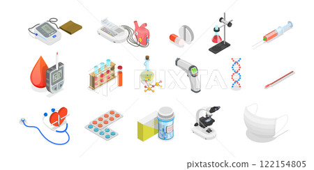 3D Isometric Flat Set of Medicine Elements, Medication and Pharmaceutics 3D Isometric Flat Set of Medicine Elements, Medication and Pharmaceutics 122154805