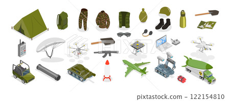 3D Isometric Flat Illustration of Millitary Collection, Army Equipment 3D Isometric Flat Illustration of Millitary Collection, Army Equipment 122154810