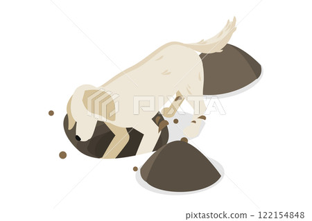 3D Isometric Flat  Illustration of Dog Digging a Hole in Soil, Wagging Tail Embodying Joy 122154848