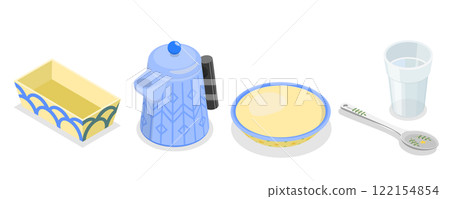 3D Isometric Flat Set of Kitchen Utensils In Retro Style, Decorative Plate or Dish 3D Isometric Flat Set of Kitchen Utensils In Retro Style, Decorative Plate or Dish 122154854