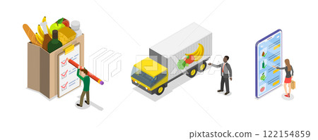 3D Isometric Flat Illustration of Grocery Food Delivery, Shipping of Farm Fresh Fruits and Vegetables 3D Isometric Flat Illustration of Grocery Food Delivery, Shipping of Farm Fresh Fruits and Vegetables 122154859