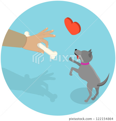 3D Isometric Flat Illustration of Giving Treat To Domestic Animal, Feeding and Adorable Puppy 3D Isometric Flat Illustration of Giving Treat To Domestic Animal, Feeding and Adorable Puppy 122154864