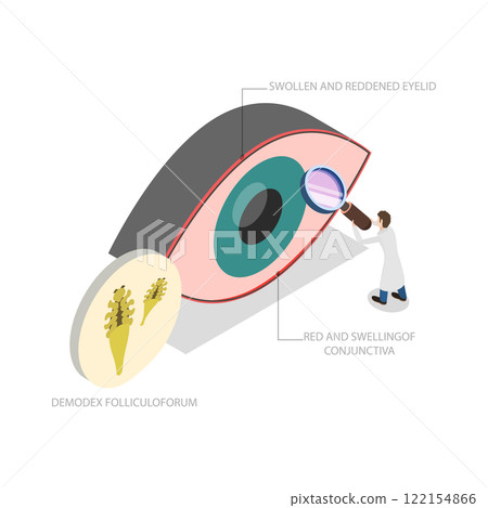 3D Isometric Flat  Illustration of Demodex Folliculorum, Demodicosis Affecting the Eyelid and Causing Red Eyes 122154866