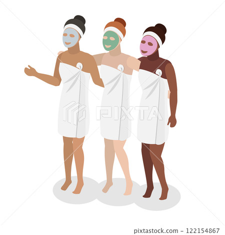 3D Isometric Flat Illustration of Anti-aging Procedure, Smiling Girls with Cosmetic Face Masks 3D Isometric Flat Illustration of Anti-aging Procedure, Smiling Girls with Cosmetic Face Masks 122154867