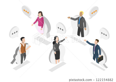 3D Isometric Flat Illustration of Business Discussion, Coworkers Engaging in Dialog and Group Discussion 3D Isometric Flat Illustration of Business Discussion, Coworkers Engaging in Dialog and Group Discussion 122154882
