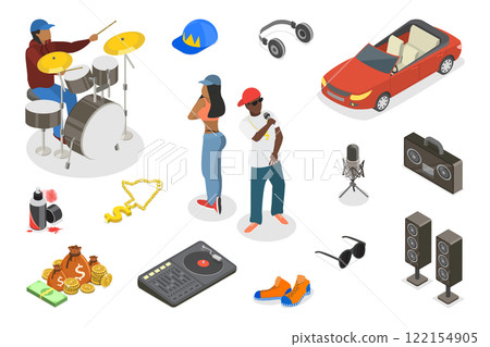 3D Isometric Flat  Illustration of Rap Music And Hip-hop Style, Graphic Elements Set 122154905