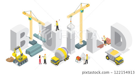3D Isometric Flat  Illustration of Building, Costruction Site and Work Process 122154913
