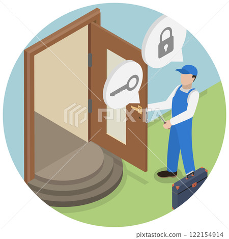 3D Isometric Flat Illustration of Professional Locksmith Repairing, Fixing Door Lock with Specialized Tools 3D Isometric Flat Illustration of Professional Locksmith Repairing, Fixing Door Lock with Specialized Tools 122154914