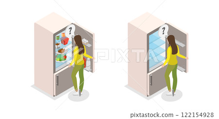 3D Isometric Flat  Illustration of Full And Empty Refrigerator, Kitchen Furniture and Elements 122154928