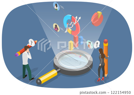 3D Isometric Flat  Illustration of Market Research, Competitor Analysis, and Social Media Reports 122154950
