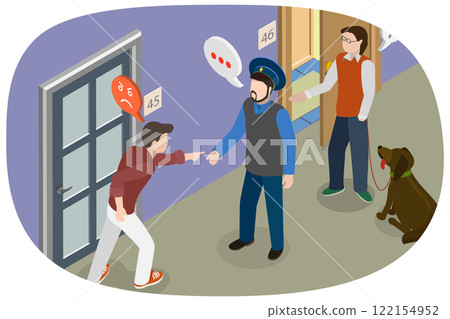 3D Isometric Flat Illustration of Aggressive Neighbor, Dispute Between Neighboring Tenants 3D Isometric Flat Illustration of Aggressive Neighbor, Dispute Between Neighboring Tenants 122154952