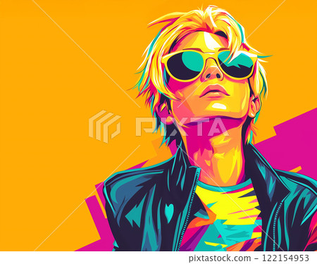 Teen boy from Japan with colorful hair in leather jacket and sunglasses (bright multi-colored drawing) 122154953