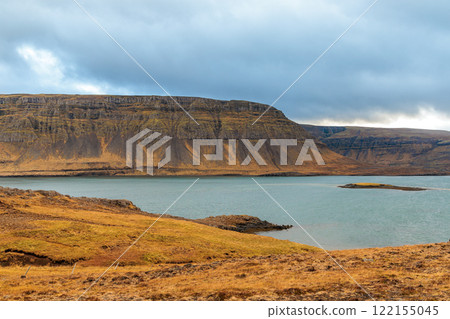 Autumnal landscape at Beached whalers Hvalfjordur on the west coast of Iceland 122155045