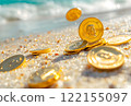 Trump meme coins fall on sunny beach (blurred image) 122155097
