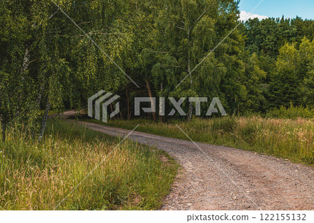 Curved dirt path through lush greenery on a sunny day in nature Curved dirt path through lush greenery on a sunny day in nature 122155132