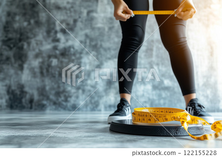 Woman Measuring Her Weight Using Scales on Floor with Tape Measure in Modern Fitness Space 122155228