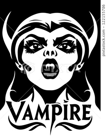 Female vampire. Black abd white illustratiion with lettering in art nouveau style Female vampire. Black abd white illustratiion with lettering in art nouveau style 122155786