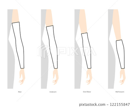 Set of arm sleeves Gloves Fashion hand accessory clothing technical illustration garment. Vector front palm back view Set of arm sleeves Gloves Fashion hand accessory clothing technical illustration garment. Vector front palm back view 122155847