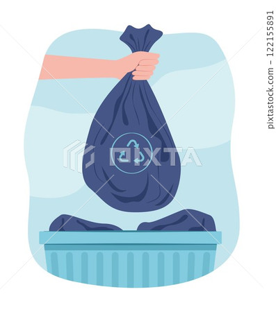 Human Hand Holding Garbage Bag for Litter into Trash Can for Waste Sorting and Recycle Concept Illustration 122155891