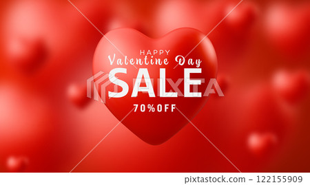 Valentines day sale poster with realistic red 3D heart on blurred background Vector love gift card 122155909