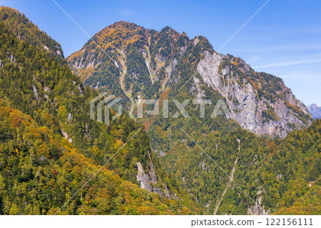秋天的立山黑部阿爾卑斯山脈路線 從黑部水壩看到黑部峽谷一側 122156111