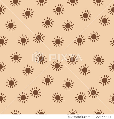 Seamless pattern featuring brown sun sunburst motifs on a beige background. Perfect for textiles, wallpapers, packaging, digital art, invitations, stationery, home decor, gift wrap, crafts Seamless pattern featuring brown sun sunburst motifs on a beige background. Perfect for textiles, wallpapers, packaging, digital art, invitations, stationery, home decor, gift wrap, crafts 122156445