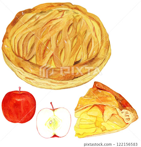 Hand-drawn watercolor illustration set of delicious looking apple pie and apples 122156583