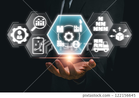 Digital interface showcasing supply chain management with logistics icons for modern business solutions. 122156645
