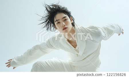 Young man dancing in white (generated AI image) 122156826