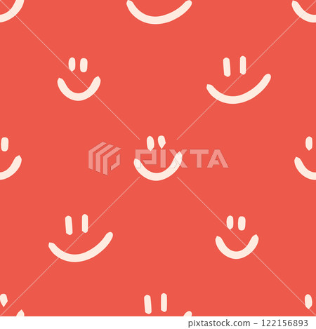Seamless pattern featuring cheerful smiley faces in dark red on a coral background. Perfect for textiles, wallpapers, packaging, digital art, invitations, stationery, home decor, gift wrap, and crafts Seamless pattern featuring cheerful smiley faces in dark red on a coral background. Perfect for textiles, wallpapers, packaging, digital art, invitations, stationery, home decor, gift wrap, and crafts 122156893