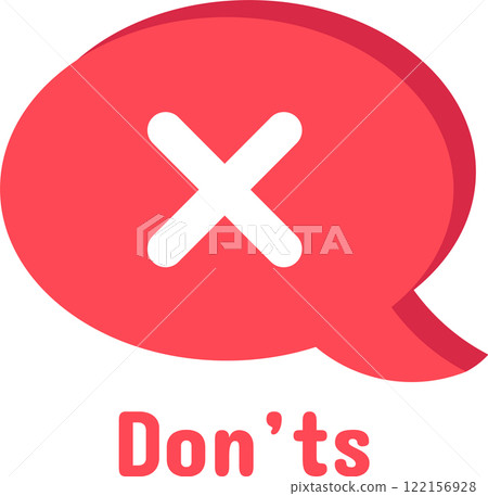 Red speech bubble with white cross mark symbolizing don ts, rejection, disapproval, error, negative response, wrong answer, forbidden action, communication, social media, or online chat 122156928
