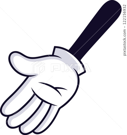 Cartoon hand wearing a white glove from the wrist down is reaching down, with fingers slightly spread apart, and arm extending upwards at an angle Cartoon hand wearing a white glove from the wrist down is reaching down, with fingers slightly spread apart, and arm extending upwards at an angle 122156932