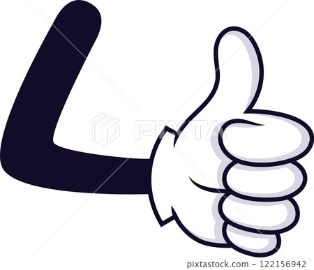 Cartoon hand giving thumbs up, expressing positivity, agreement, or approval, with white glove and dark sleeve, isolated on white background Cartoon hand giving thumbs up, expressing positivity, agreement, or approval, with white glove and dark sleeve, isolated on white background 122156942