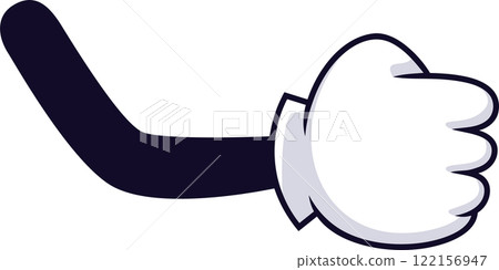 Cartoon arm featuring a clenched fist wearing a glove, making a gesture that suggests grabbing something, set against a clean white background for emphasis Cartoon arm featuring a clenched fist wearing a glove, making a gesture that suggests grabbing something, set against a clean white background for emphasis 122156947