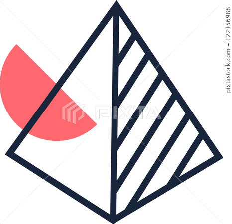 Abstract geometric composition featuring a striped pyramid intersecting a semicircle, creating a visually striking design with contrasting shapes and lines 122156988