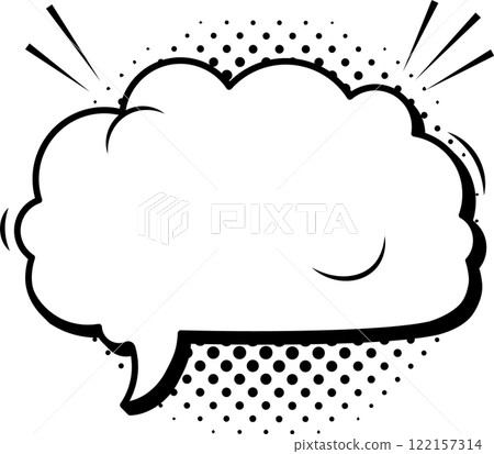 Empty comic speech bubble popping out, surrounded by halftone dots and dynamic speed lines, set against a clean white background, creates a vibrant design element for visual communication 122157314