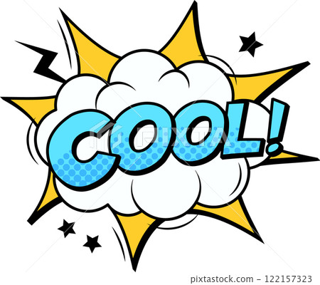 Cool comic book shout with stars and lightning bolt exploding from cloud with halftone dots in the word cool expressing excitement and approval 122157323