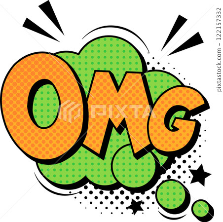 Colorful pop art expression bursting from a vibrant green cloud, featuring halftone dots and stars, vividly capturing feelings of surprise and excitement in a playful, comic style 122157332