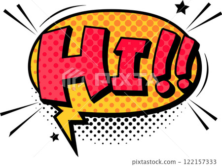 Colorful comic book explosion featuring a new character greeting with a cheerful hi, surrounded by vibrant stars and playful dots in a dynamic background 122157333
