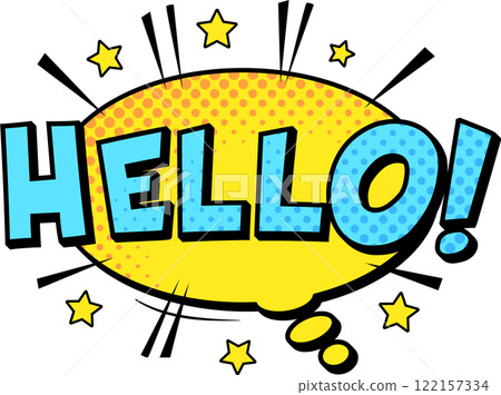 Comic style Hello text emerging from a speech bubble, adorned with stars and halftone dots. Perfect for greeting cards, social media posts, or website banners Comic style Hello text emerging from a speech bubble, adorned with stars and halftone dots. Perfect for greeting cards, social media posts, or website banners 122157334
