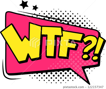 Colorful wtf speech bubble bursting with vibrant hues, expressing surprise, confusion, and disbelief, adorned with playful halftone dots and whimsical stars in retro comic book style Colorful wtf speech bubble bursting with vibrant hues, expressing surprise, confusion, and disbelief, adorned with playful halftone dots and whimsical stars in retro comic book style 122157347