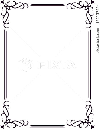 Elegant black rectangular border with decorative swirls in the corners framing an empty white space, ideal for certificates, invitations or announcements Elegant black rectangular border with decorative swirls in the corners framing an empty white space, ideal for certificates, invitations or announcements 122157394