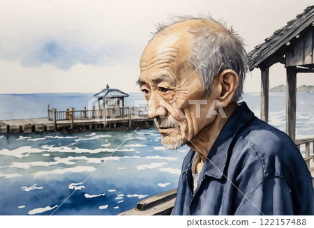 An AI-generated image of an elderly man standing at a fishing port in rural Japan 122157488