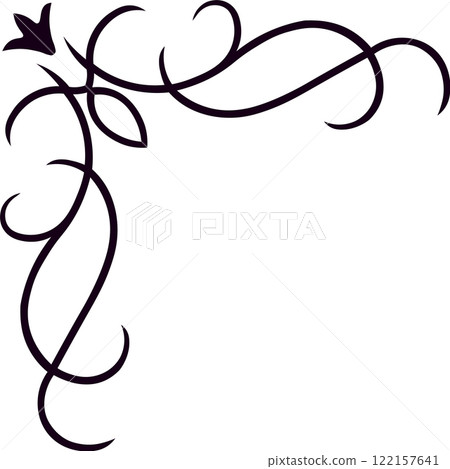 Swirling lines and floral shapes create an elegant corner ornament, adding a touch of sophistication to invitations, announcements, or certificates on a clean white backdrop 122157641